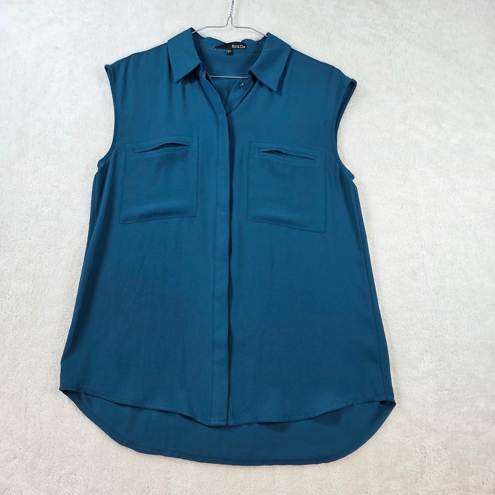 Ro & De Womens Teal Blue Sleeveless Button Down Shirt Pocket Blouse Small